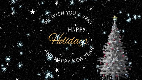 animation of happy holidays text over christmas tree and snow falling