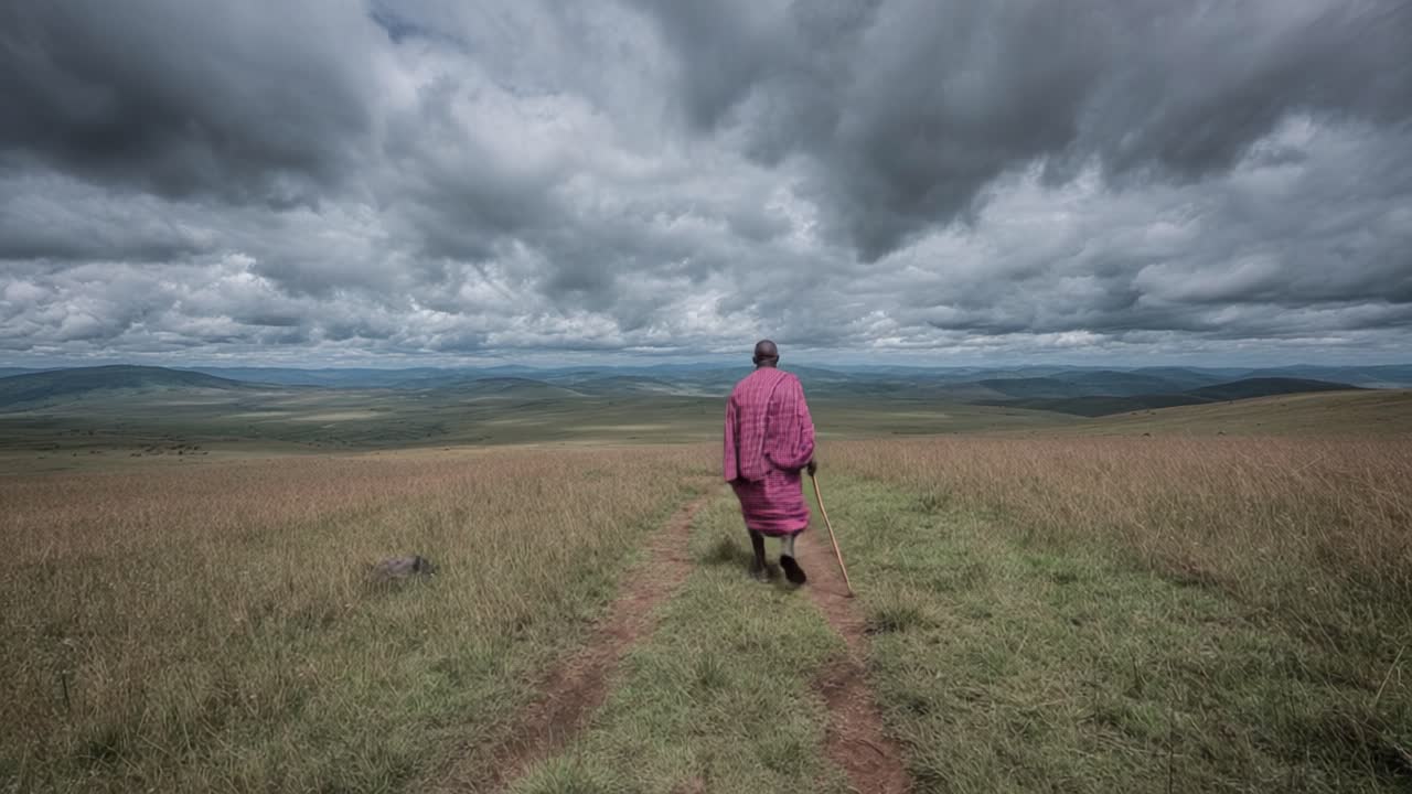 A Solitary Figure Walking Through a Vast Grassland Under Dramatic Clouds, Capturing the Essence of Nature's Beauty and the Journey of Life