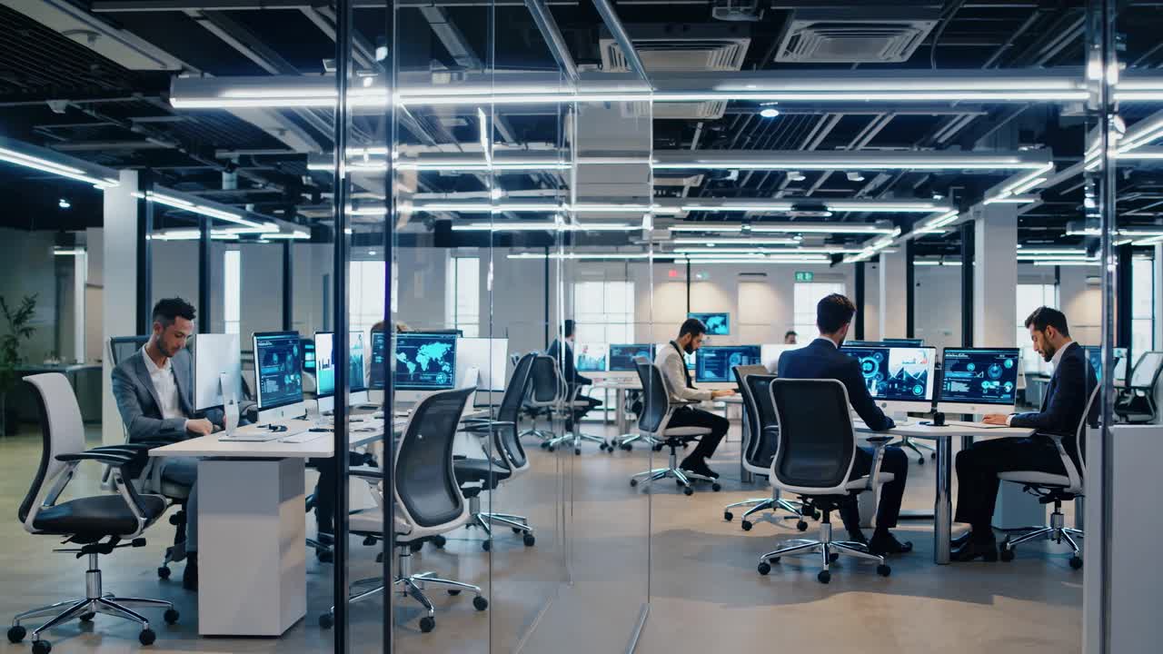 Wide-angle shot of a modern office with professionals working at computers