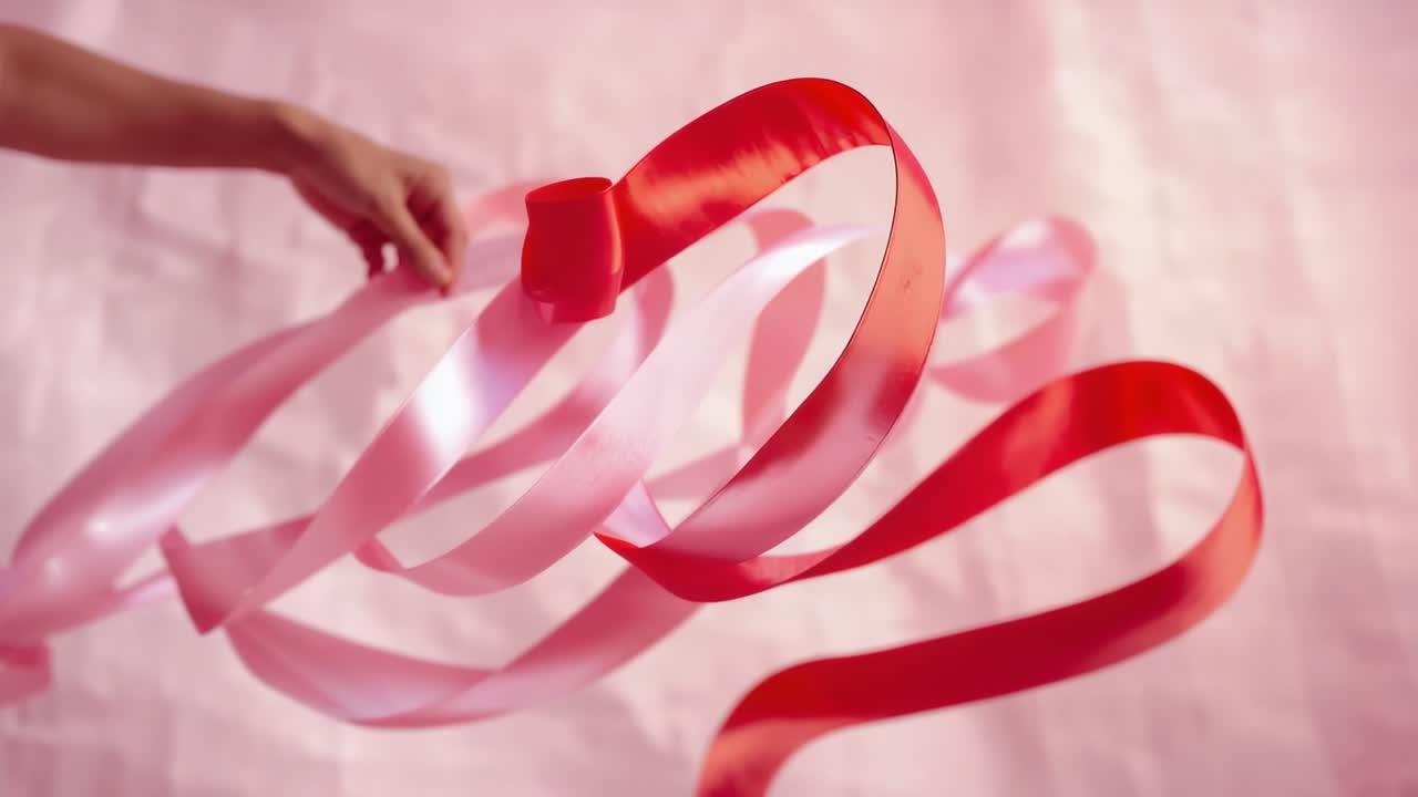 Entrando com a mão esquerda guiando uma fita de cetim rosa pálido no cenário do estúdio, arrumando um laço vermelho e um carretel