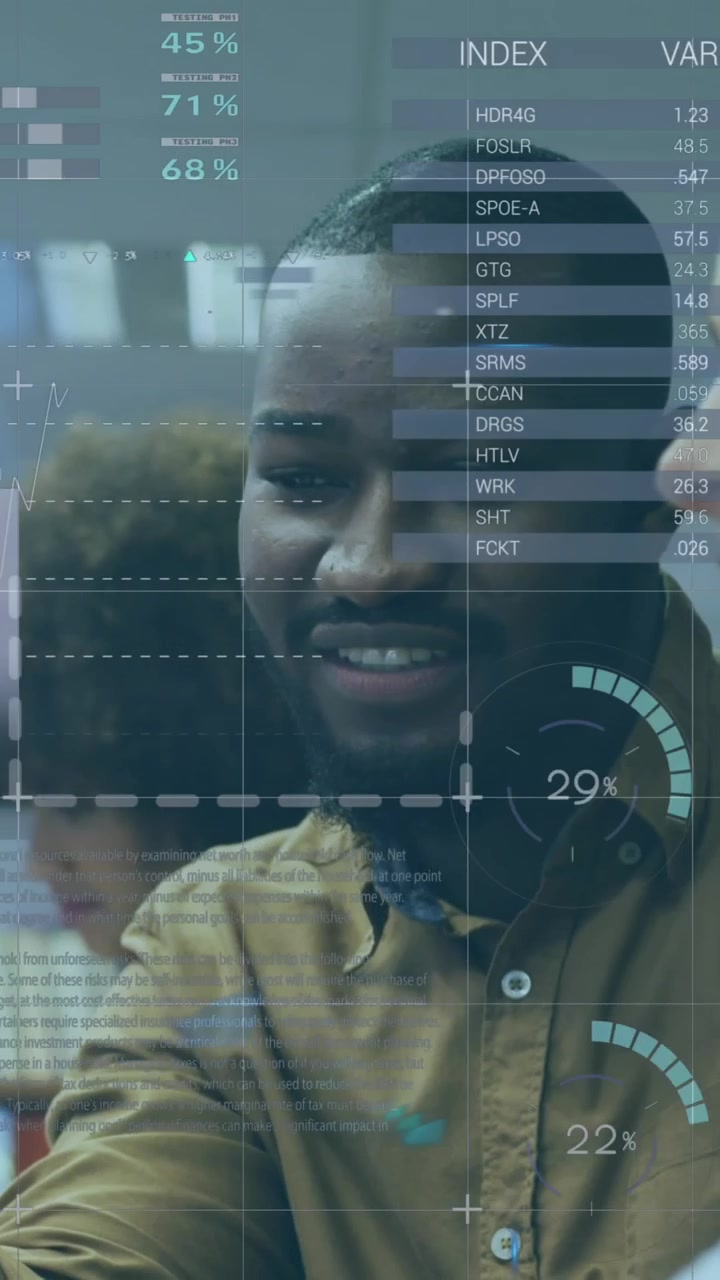 Animation of financial data processing over diverse business people
