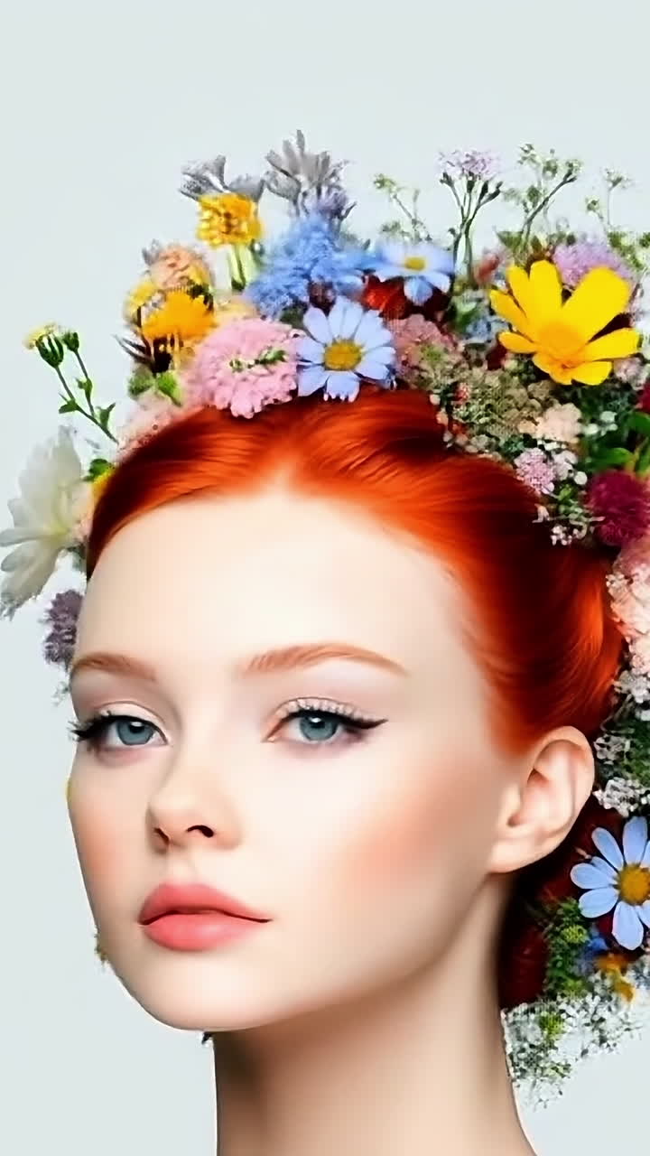 Spring woman with flower hair. A woman displays an elaborate flower hairstyle featuring a variety of colorful blooms during a bright spring day.