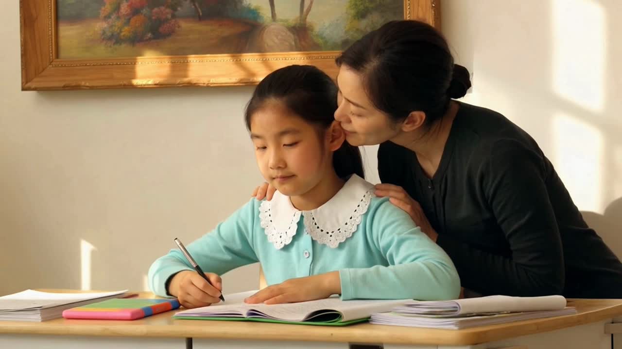 Asian Schoolgirl Concentrating on Homework with Parental Support at Home