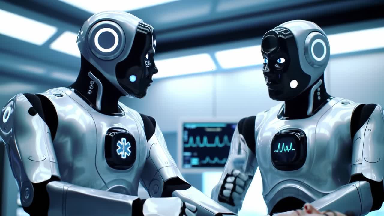 Advanced Medical Robotics: Two Androids Collaborate in a High-Tech Operating Room, Showcasing Innovative Technology for Patient Care and Surgical Procedures