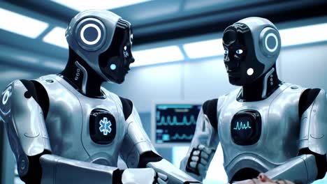advanced medical robotics: two androids collaborate in a high-tech operating room, showcasing innovative technology for patient care and surgical procedures