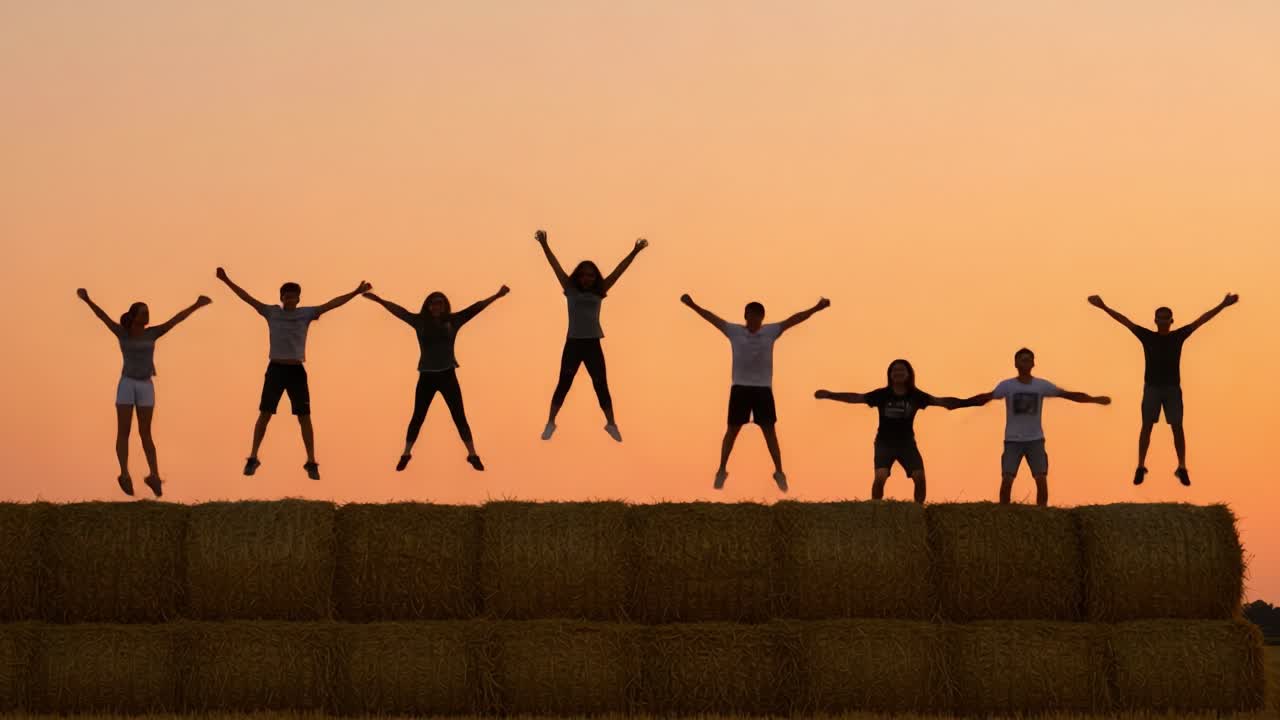 A Joyful Celebration of Togetherness: Friends Jumping and Cheering on Hay Bales Against a Beautiful Sunset Background in a Perfect Outdoor Gathering