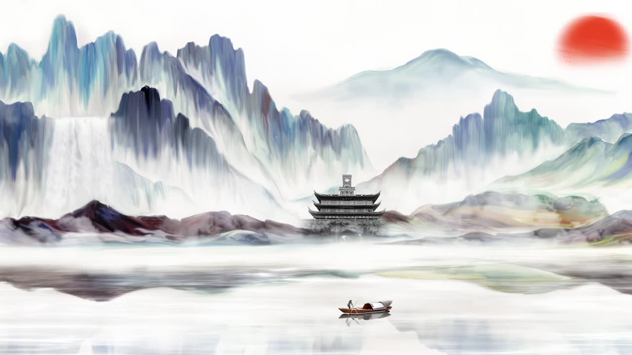 Mysterious landscape China's traditional Oriental Digital Art animation, Chinese retro painting ink misty mountain with flowers, tree, birds, river in fog background. China Japan scenery artwork