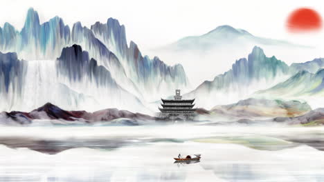 mysterious landscape china's traditional oriental digital art animation, chinese retro painting ink misty mountain with flowers, tree, birds, river in fog background. china japan scenery artwork