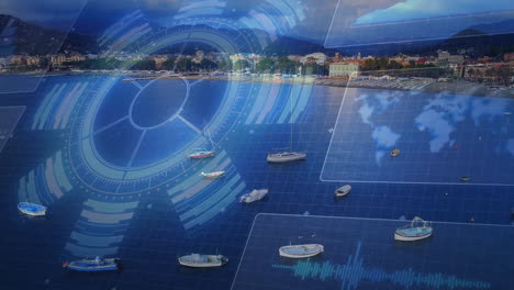 digital interface animation over boats floating on calm blue water near coastline