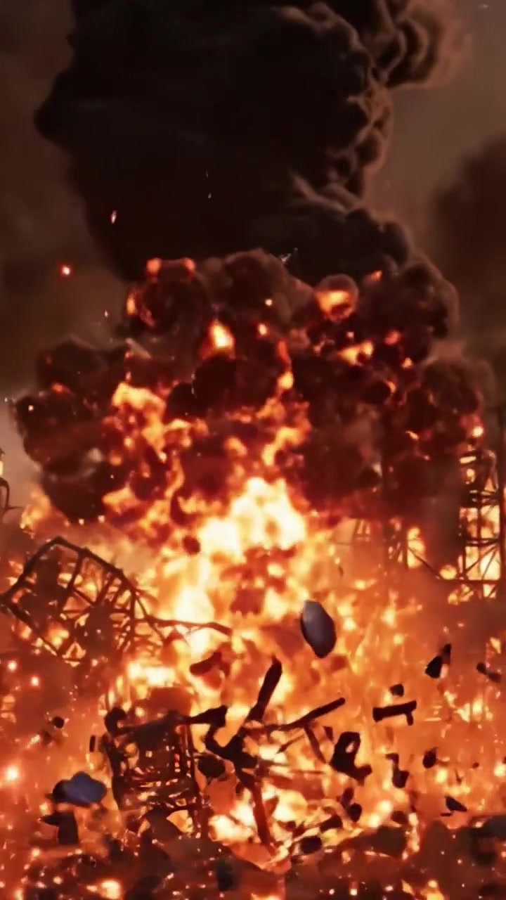 Destruição Dramática: Uma Representação Temática de uma Catástrofe Industrial Capturada em Dois Quadros, Exibindo Explosões Flamejantes e Fumaça Ondulante.
