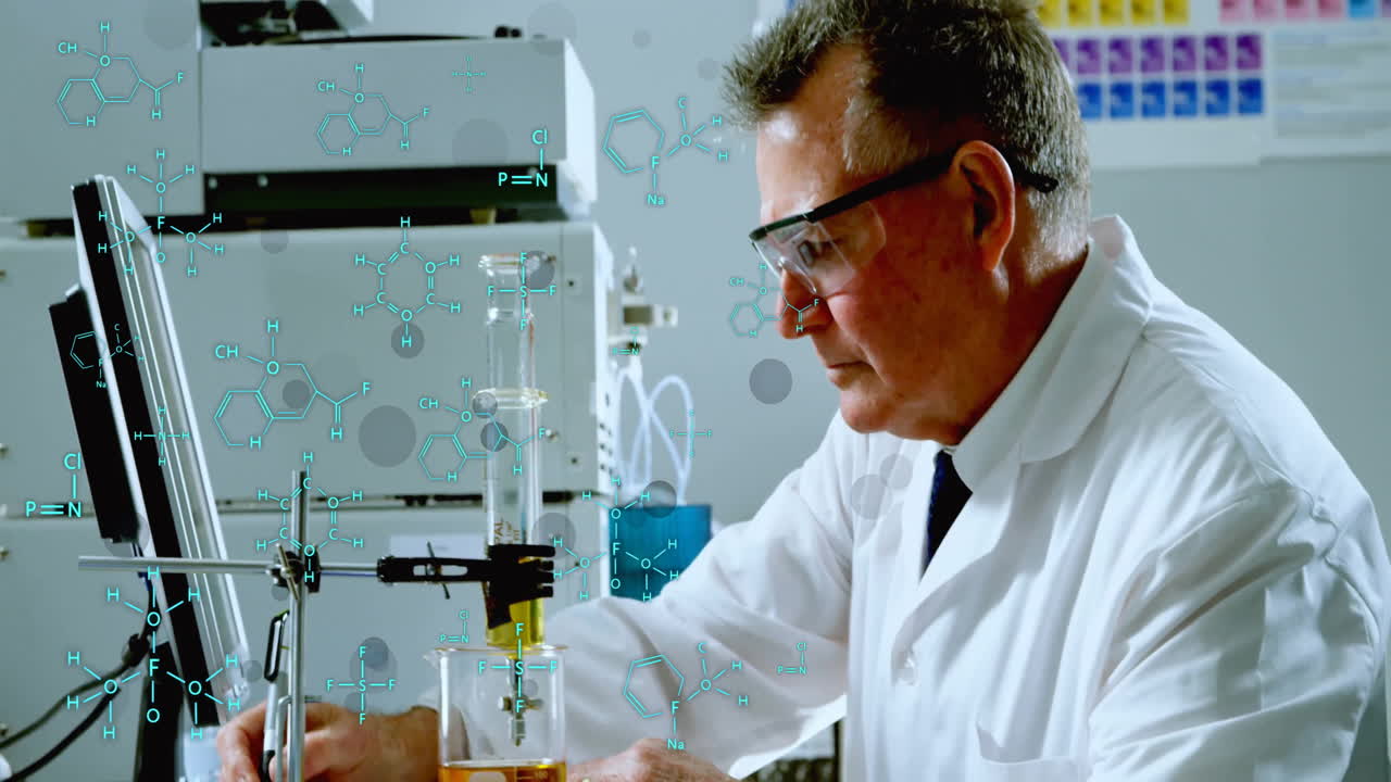 Animation of scientific data processing over caucasian male scientist in laboratory