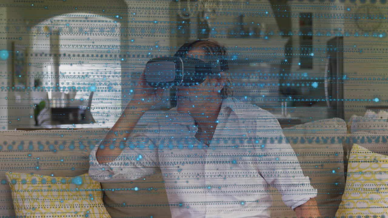 Using virtual reality headset, person experiencing animation in living room