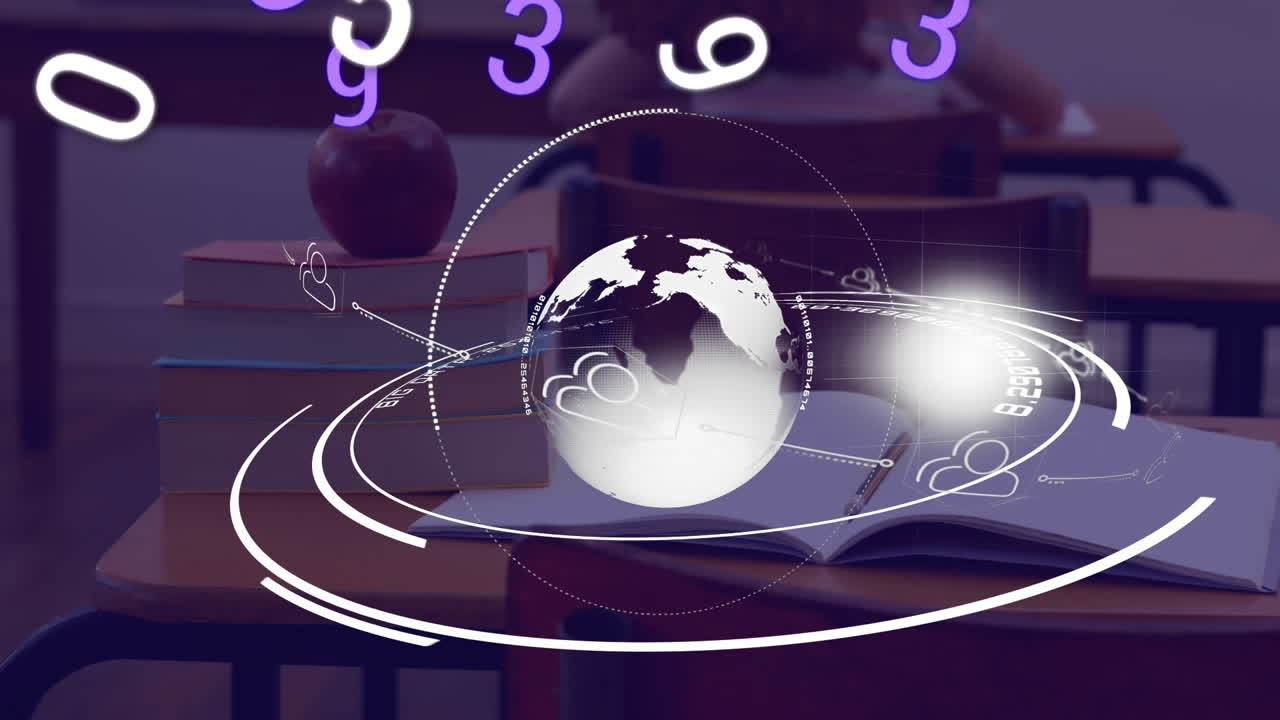 디지털 숫자는 책과 사과에 의해 지구상에 떠다니며 교육을 상징합니다.