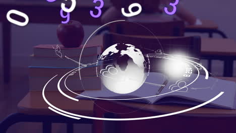 digital numbers float over globe by books and apple, symbolizing education.