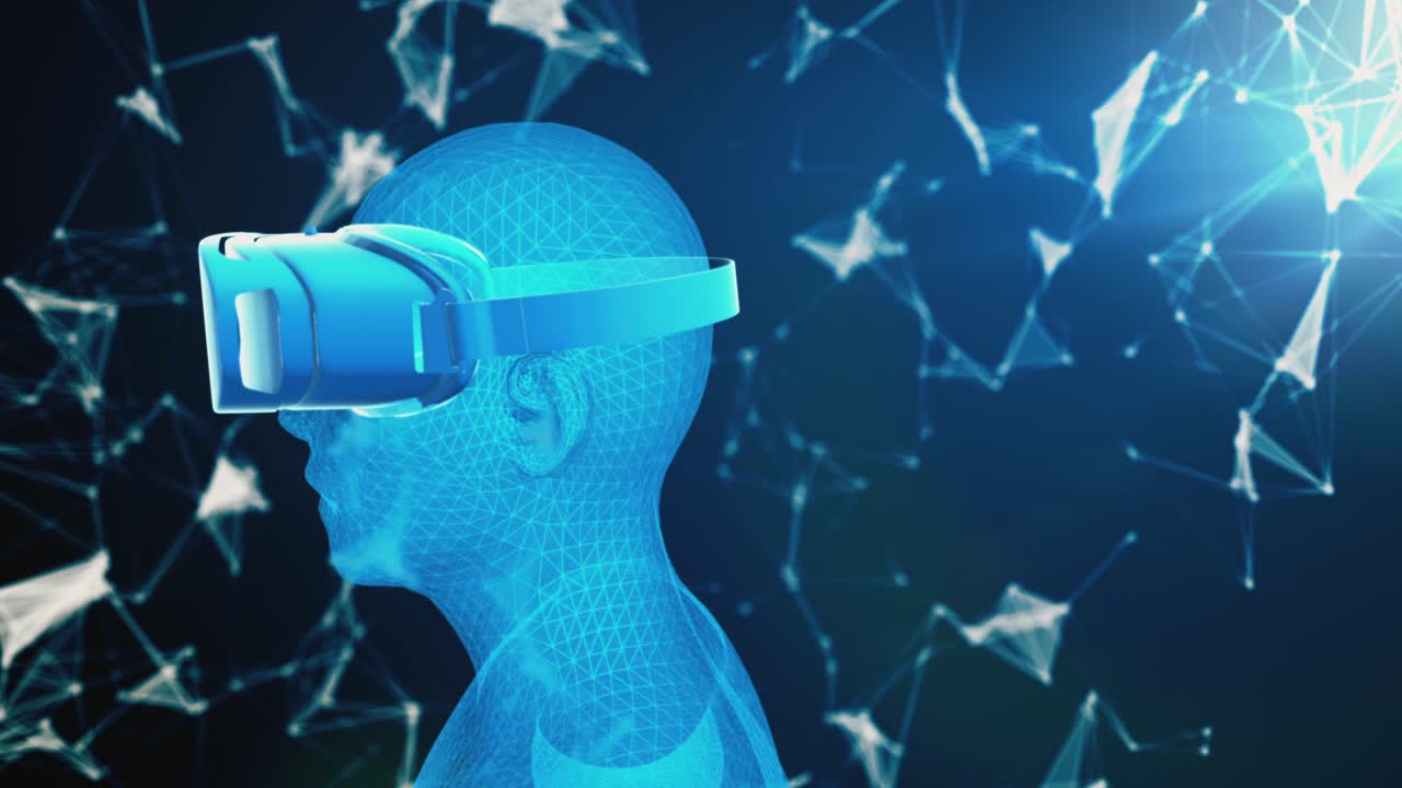 persona che indossa le cuffie vr, scena futuristica