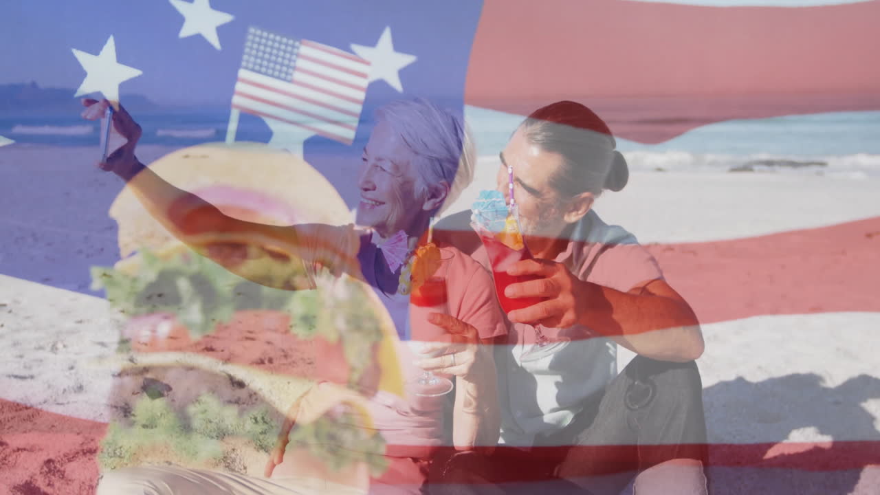 American flag and burger animation over people enjoying drinks on beach