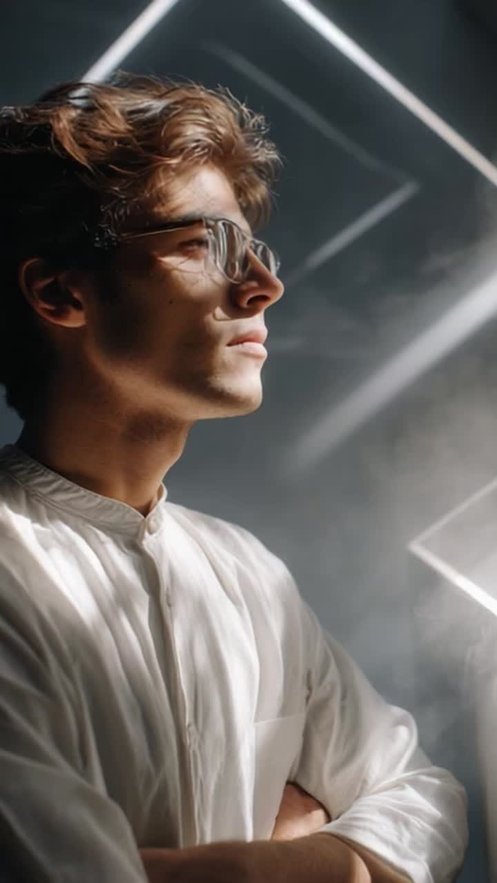 A Pensive Portrait of a Young Man in Soft Light, Wearing Glasses, and Gazing Thoughtfully Amidst Wispy Smoke and Geometric Shadows in a Studio Setting
