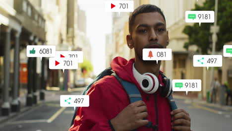 animation of changing numbers, icons in notification bars over biracial man standing on street