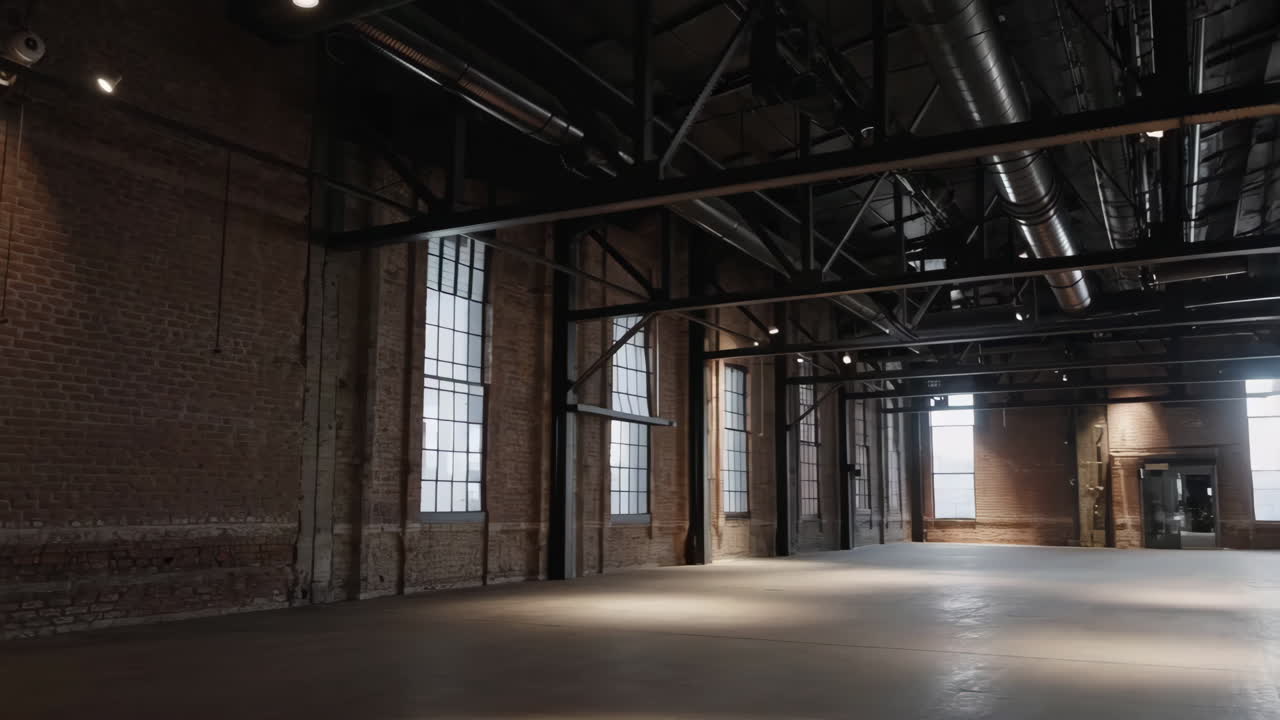 Spacious Empty Industrial Warehouse with Brick Walls and Large Windows