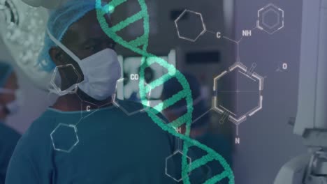 Animation-of-dna-strand-and-chemical-formula-over-diverse-surgeons-operating-on-patient-at-hospital