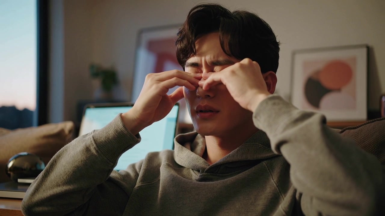 Rubbing man in grey hoodie massaging nose bridge on couch at dusk after long laptop use