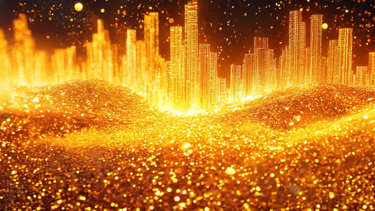 A cityscape with a lot of gold and gold coins scattered around. Scene is one of wealth and abundance