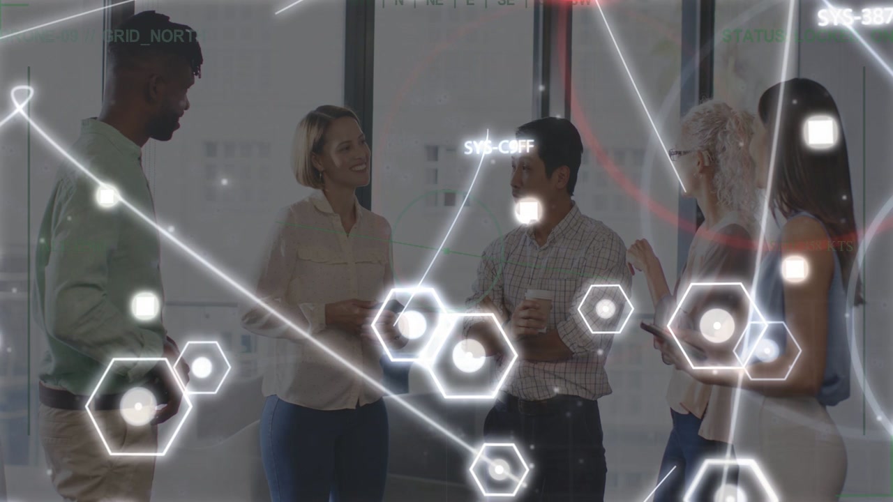 Team standing by tall windows, AR overlay appearing and highlighting speaker for business decisions