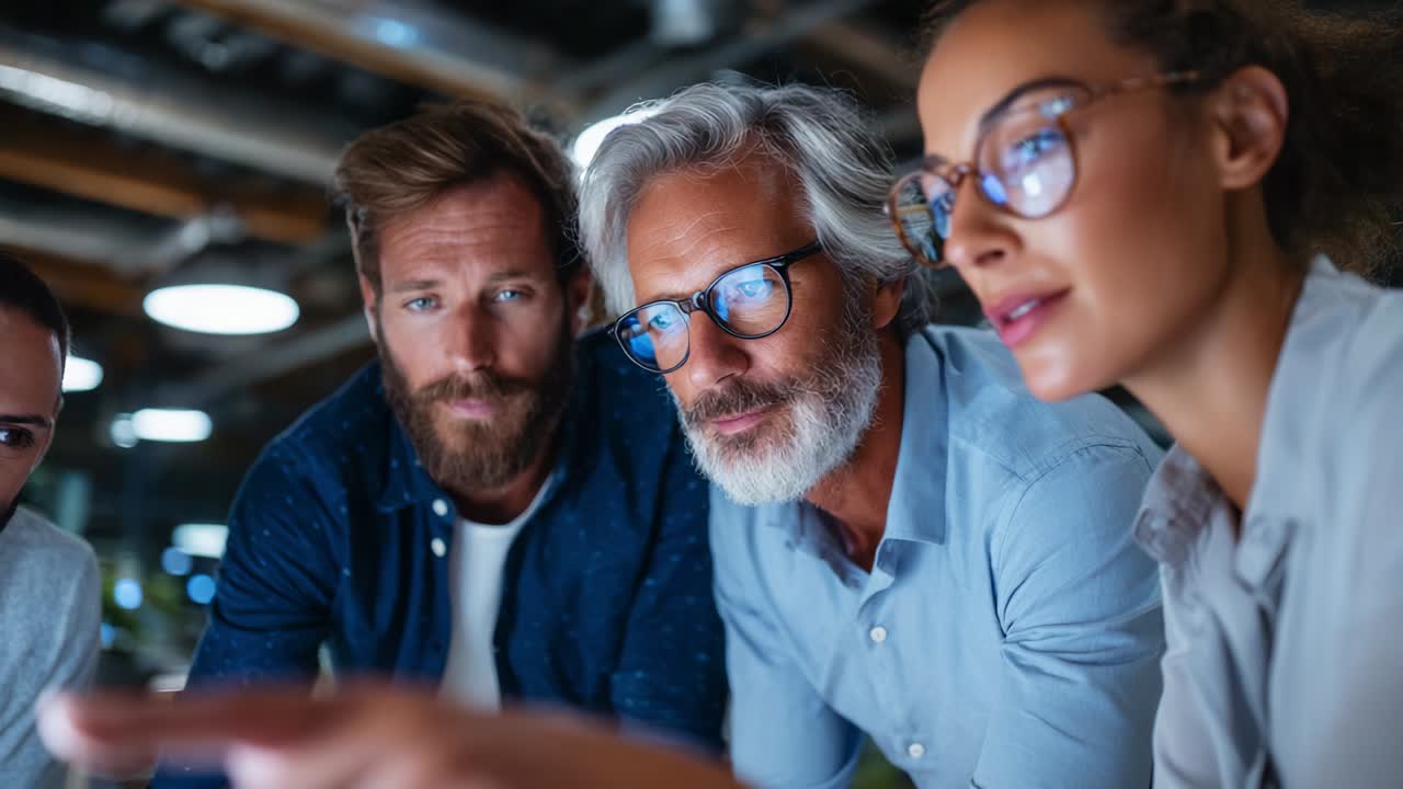 A group of four professionals engaging in a focused discussion in a modern workspace, highlighting collaboration and teamwork while analyzing data or ideas during a brainstorming session
