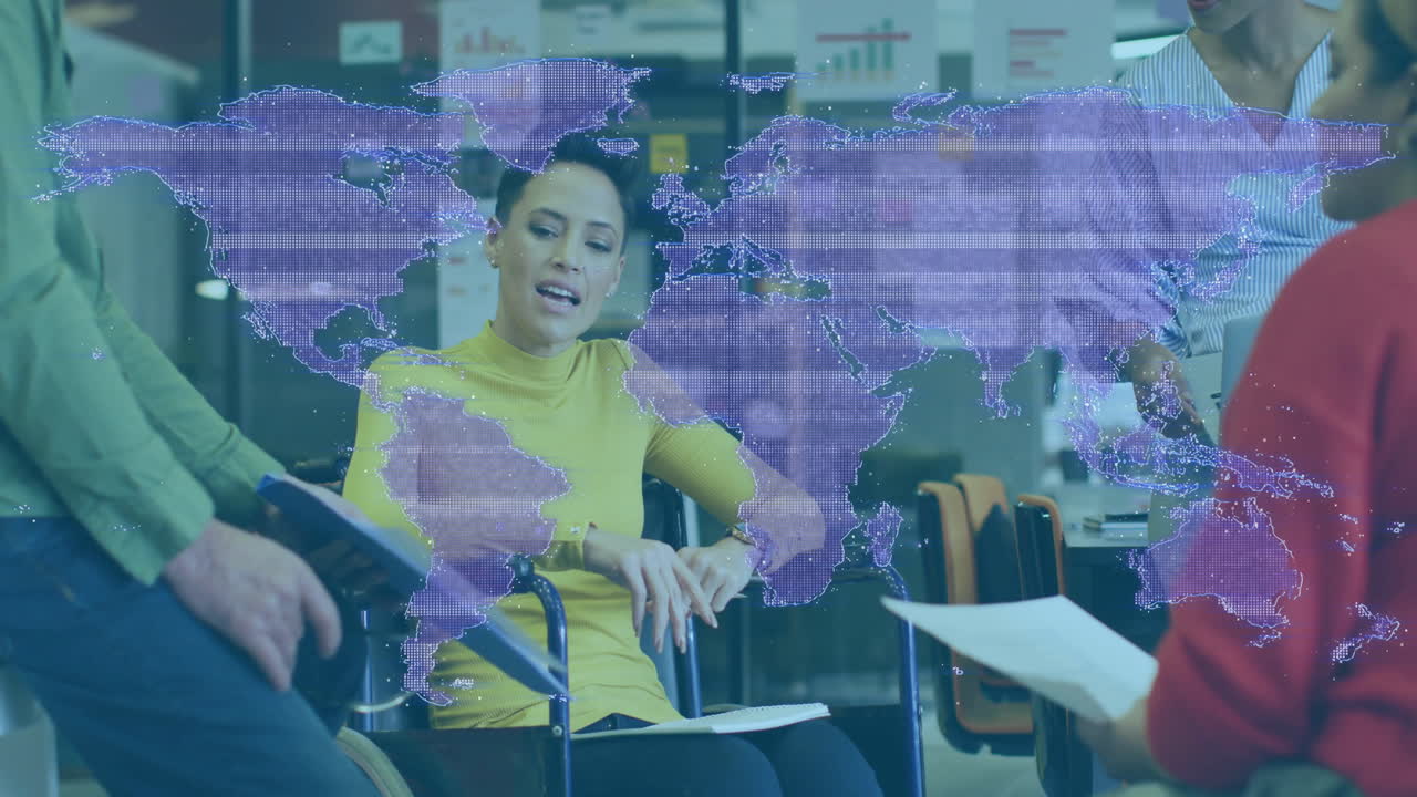 Team of professionals discussing business insights in conference area, featuring holographic map