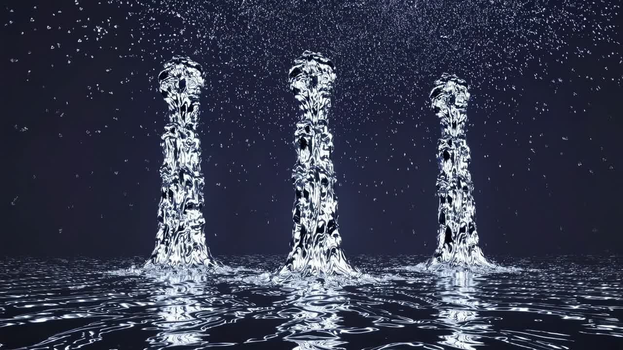 Three illuminated water fountains rise in a dark space with reflections on the surface creating a mesmerizing visual effect