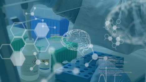 animation of scientific data processing over caucasian male scientist in laboratory