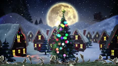 Snow-falling-over-multiple-houses-and-christmas-tree-on-winter-landscape-against-moon-in-night-sky