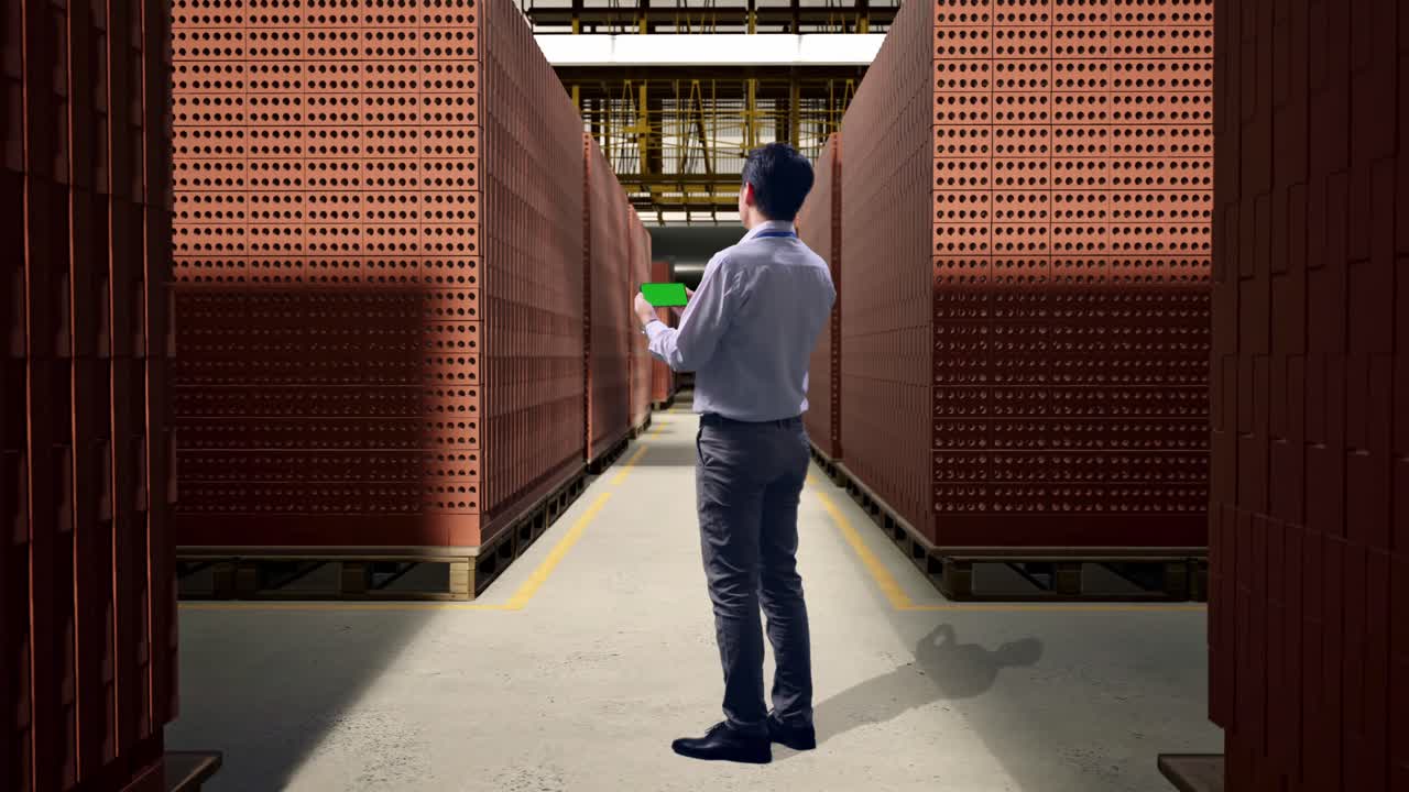 Businessman Inspecting Brick Inventory in Warehouse