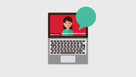 mujer influyente portátil en la pantalla hablando burbuja
