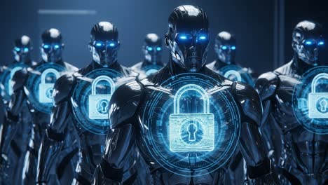 a parade of futuristic robots exhibiting advanced security protocols with lock symbols, signifying a new era of artificial intelligence and cyber protection