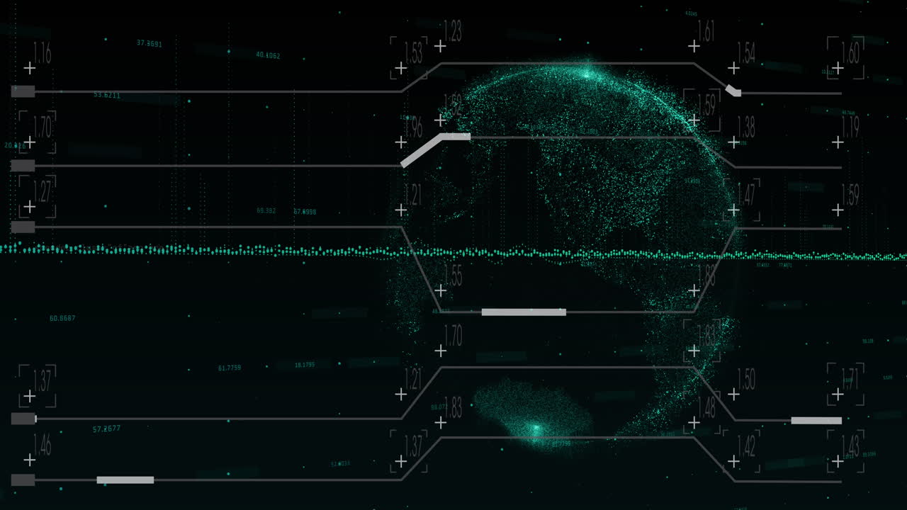 Animation of lines with graph and changing numbers over globe against black background