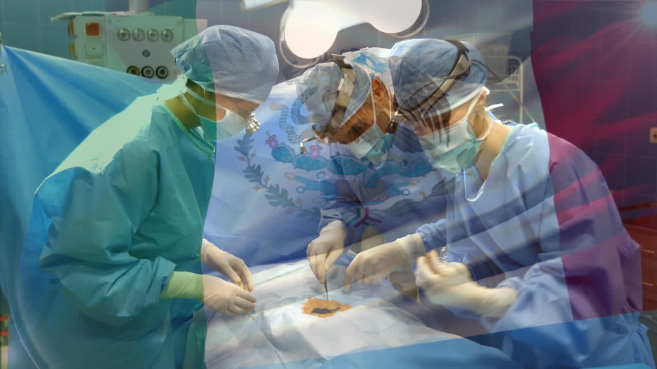 animación de la bandera de méxico ondeando sobre los cirujanos en el quirófano