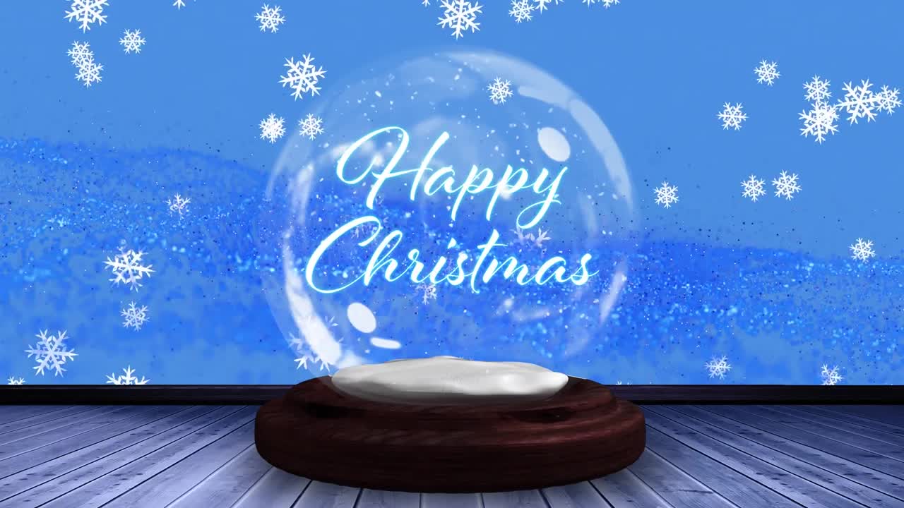 Animation of christmas season's greetings text in snow globe and snow falling on blue background