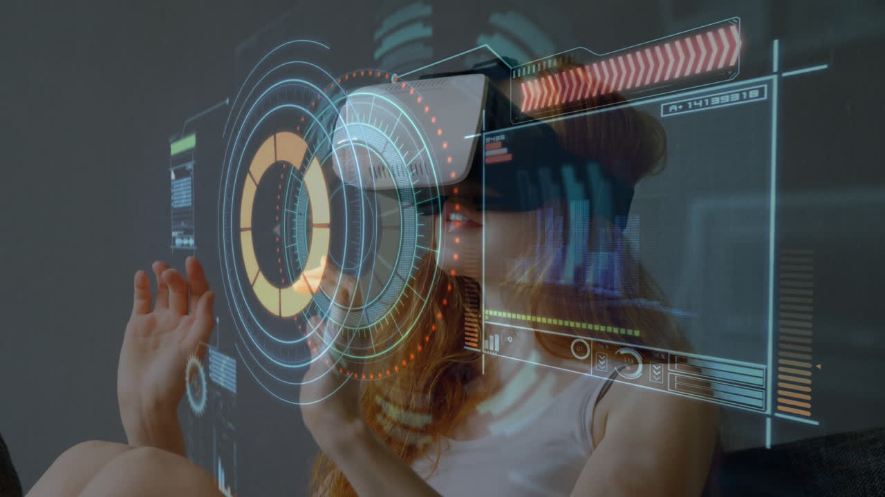 Digital interface over woman using VR headset against grey background