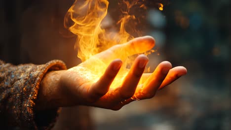 hand surrounded by fire during mystical outdoor event at dusk