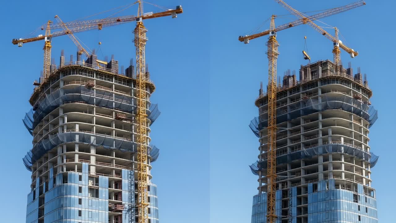 Modern Construction Progress: A Stunning Look at the Development of a Skyscraper with Tower Cranes Against a Clear Blue Sky
