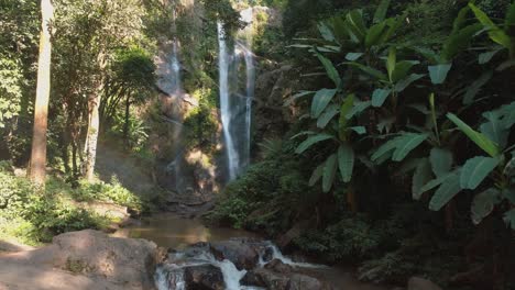 beautiful waterfall in a lush green jungle