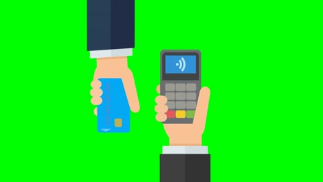 a hand presents his bank card at a payment terminal and uses contactless payment to pay on a green background (flat design)