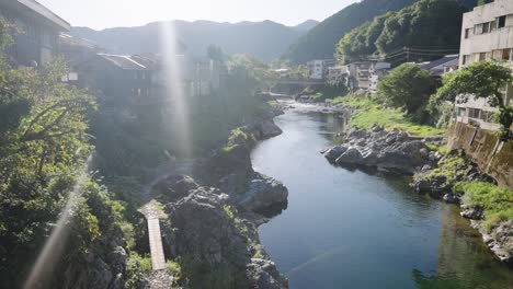 gujo-hachiman town in the mountains of gifu, sunset over the yoshida river