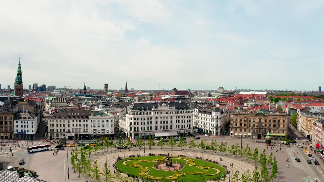 Aerial shot of Copenhagen’s Kongens Nytorv square, with its circular garden and historic architecture.