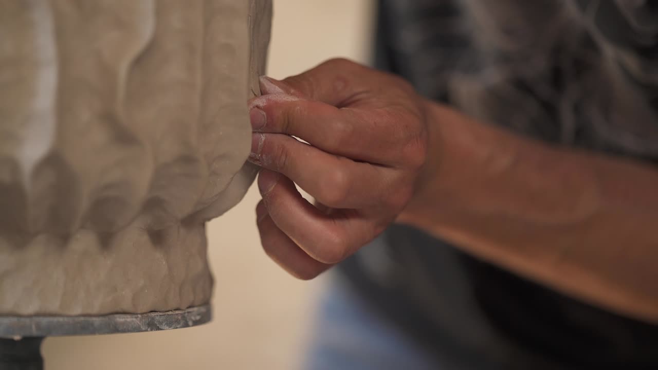 un primer plano de las manos de los alfareros diseñando cuidadosamente un producto de arcilla. alfarero inspirado creando una elegante olla de cerámica.
