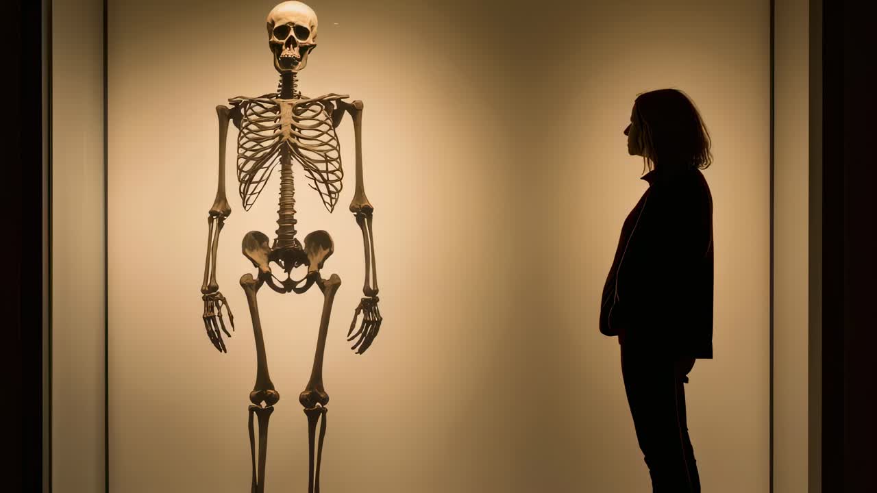Museum lights illuminate a pregnant visitor's silhouette as she compares her baby bump to a displayed human skeleton, highlighting the skeletal structure and the developing life within