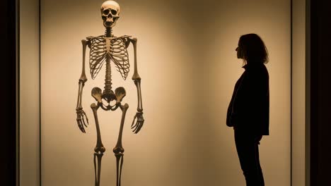 museum lights illuminate a pregnant visitor's silhouette as she compares her baby bump to a displayed human skeleton, highlighting the skeletal structure and the developing life within