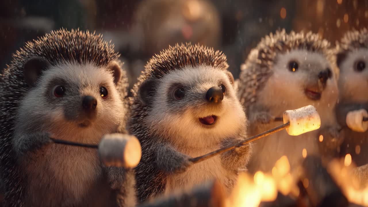 Adorable hedgehogs joyfully roasting marshmallows by the campfire, showcasing their endearing expressions and cozy gathering, perfect for a fun-filled adventure under the stars