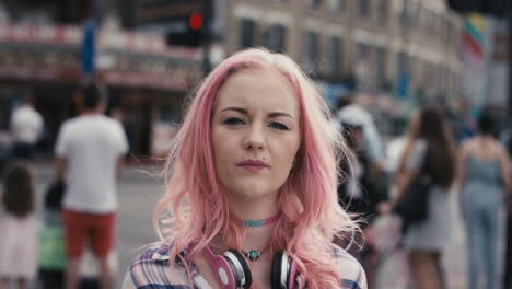 slow motion portrait of caucasian girl with pink hair